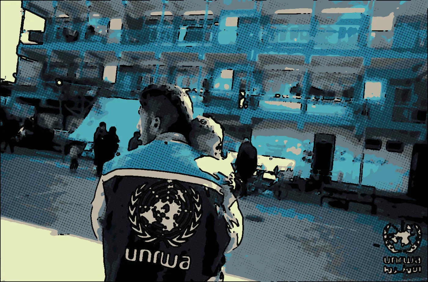 Comic illustration: A UNRWA staff member comforts a distressed child at a school shelter in Nuseirat camp.