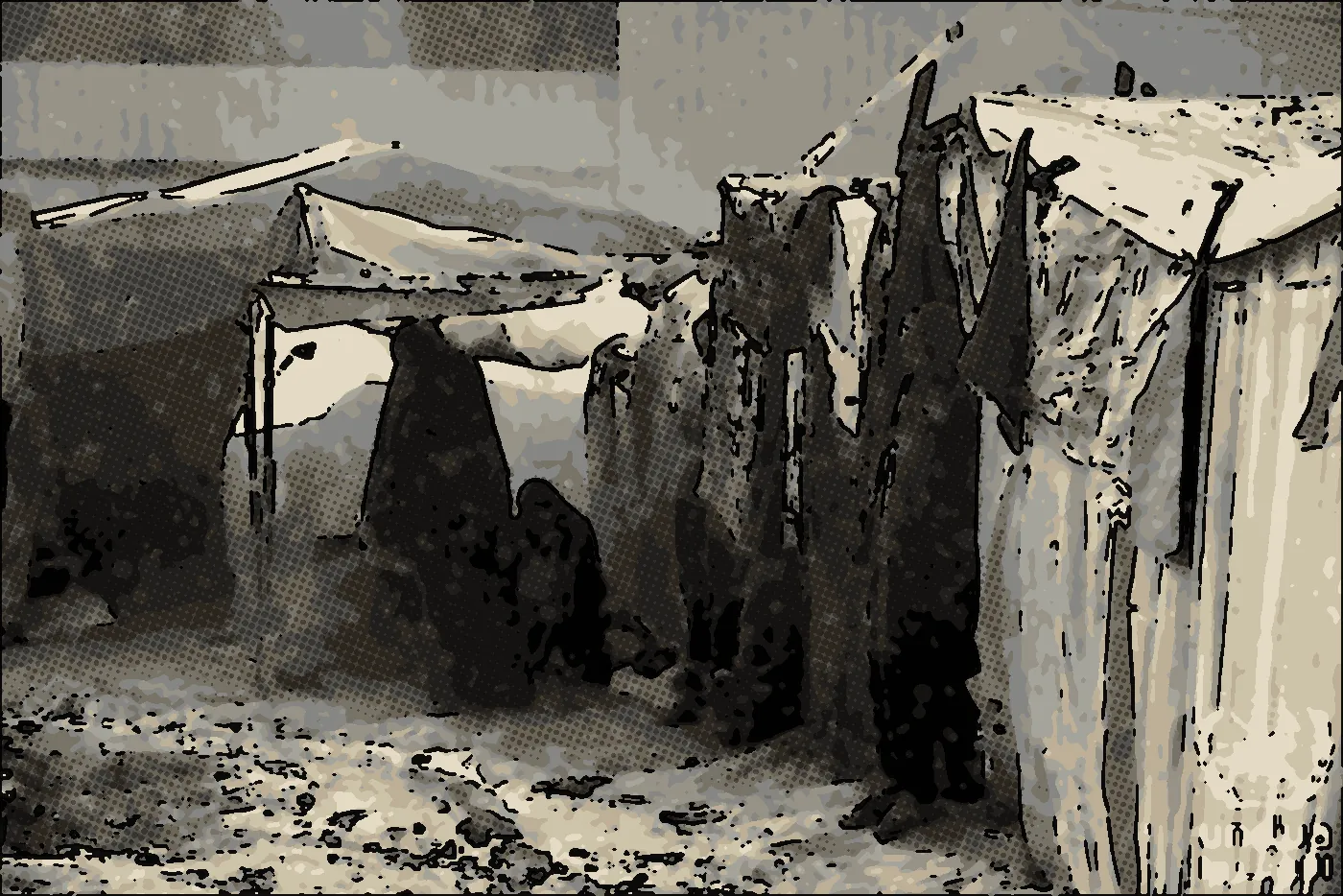 Comic illustration: Tents of displaced families flood after heavy rain in Deir el-Balah.
