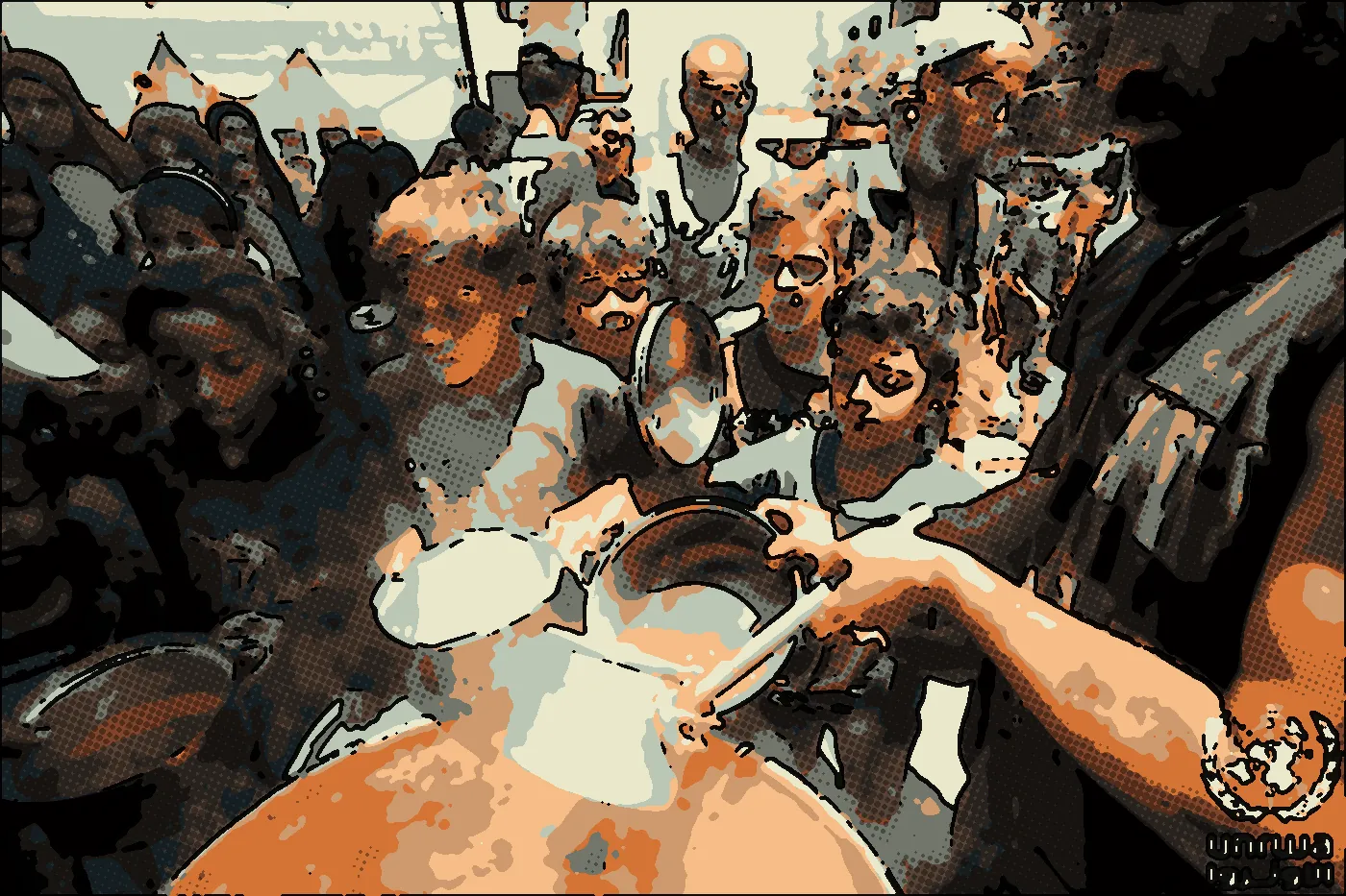 Comic illustration: Displaced families gather to receive food from a charity in Deir el-Balah.