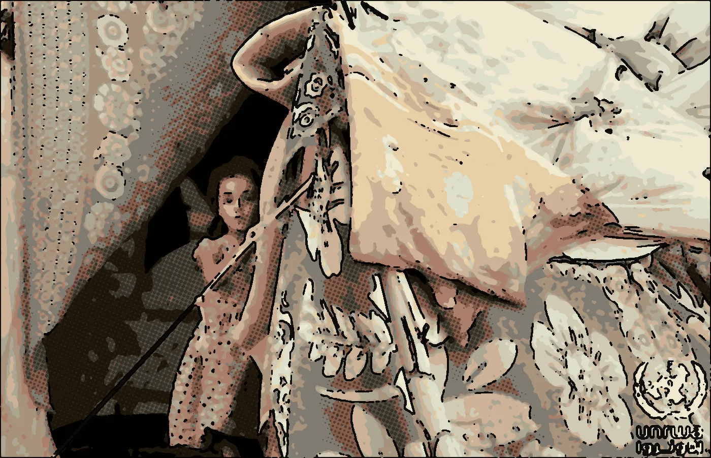 Comic illustration: A displaced girl stands in front of her tent in Deir el-Balah.