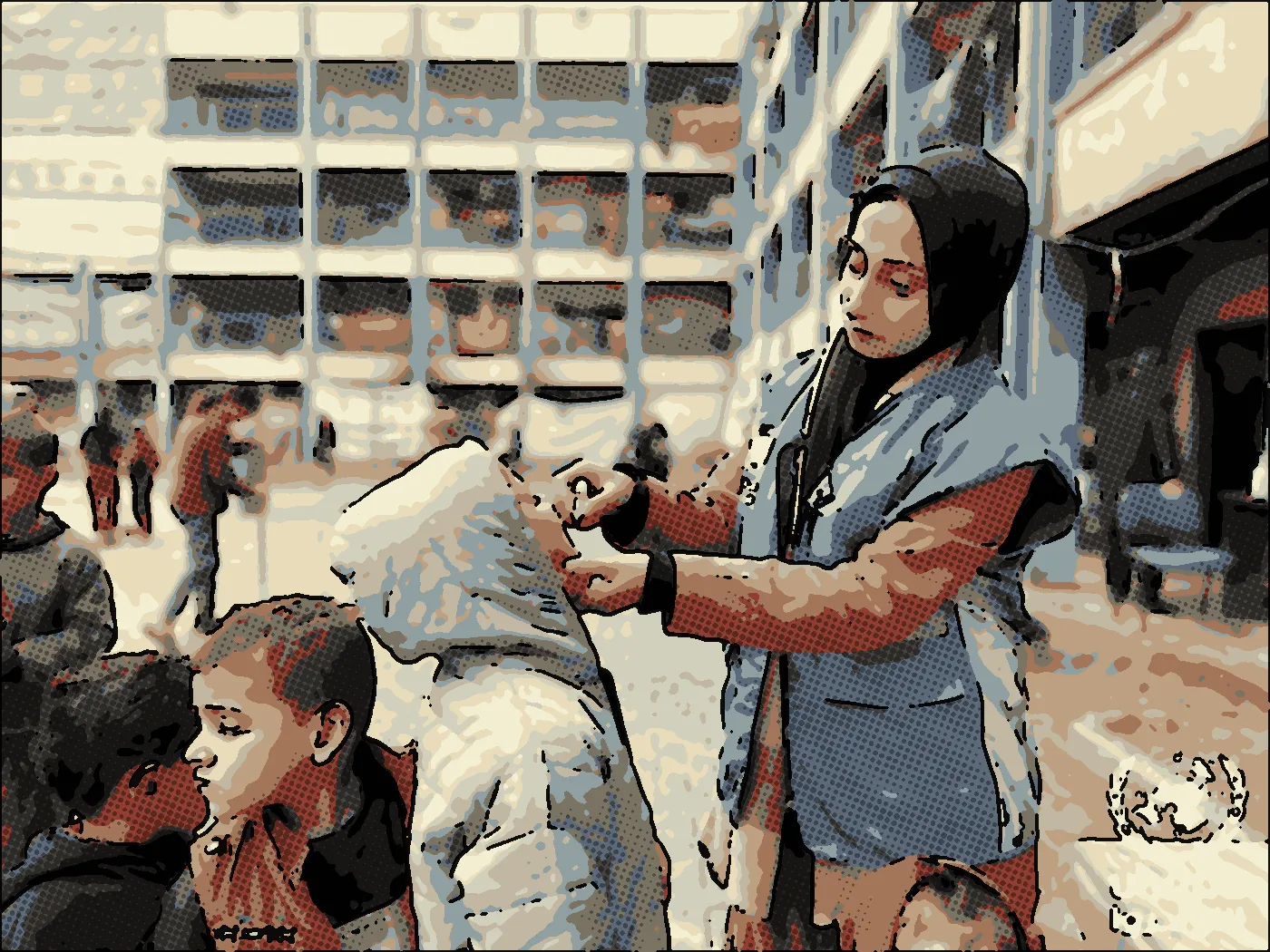 Comic illustration: A displaced child receives a polio vaccination in a UNRWA shelter in Beach camp.